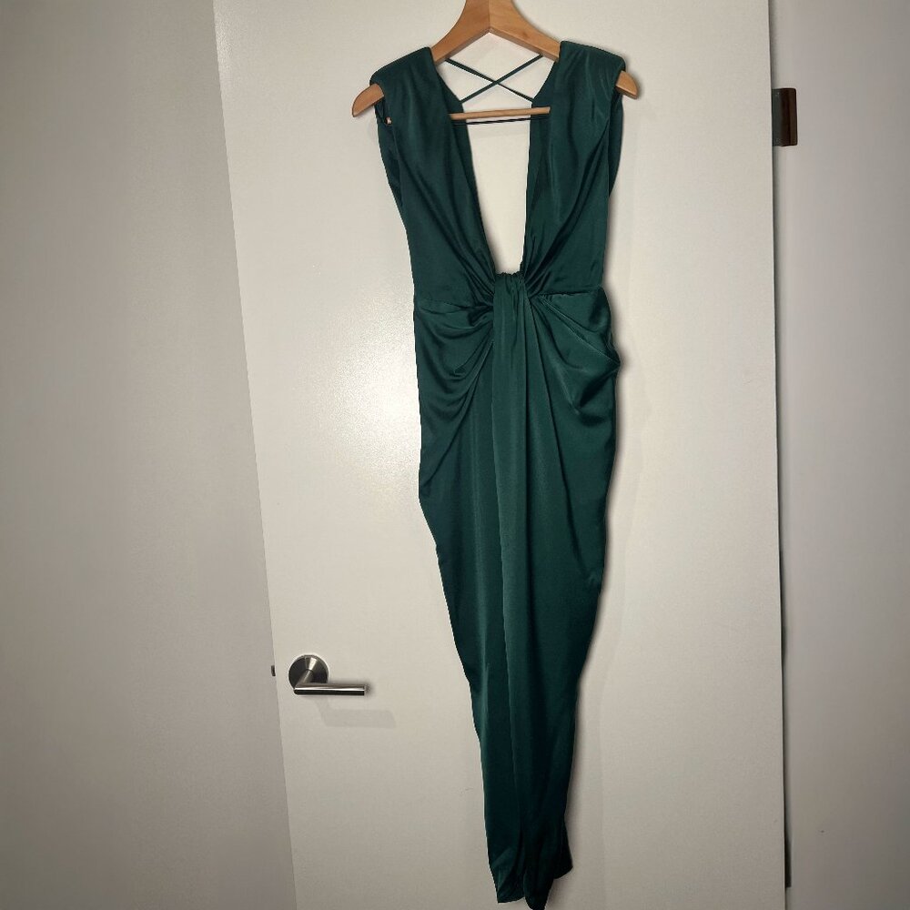 ASOS Design Emerald Green Twist-Front Midi Dress — Open Back, Side Slit, Knot De